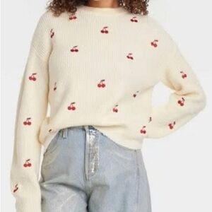 Cream Cherry-Embroidered Knit Sweater